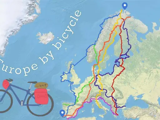Fahrradtour durch Europa: Bunte Routen auf einer Karte zeigen die Vielfalt des Reisens per Rad.