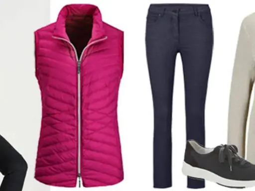 Outfit-Ideen für 12 Grad: Beiger Pullover, pinke Weste, dunkle Jeans und Sneaker. Perfekt für kühle Tage.