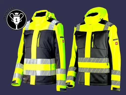 Zwei Warnschutzjacken mit reflektierenden Streifen und Omni-Heat-Technologie für maximale Wärme.