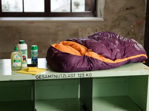 Lila-orangefarbener Exped-Schlafsack bereit zum Schlafsack waschen, daneben Reinigungsmittel und Schwamm.