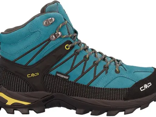 Türkiser CMP Wanderschuh mit Schnürung und gelben Akzenten. Die Sohle ist robust und für Outdoor-Aktivitäten konzipiert. Wie fallen CMP Schuhe aus?