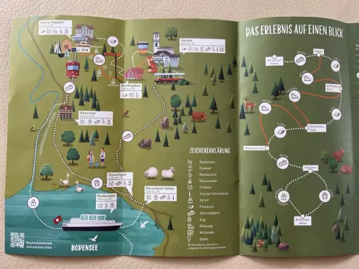 Entdecke, was man am Bodensee machen kann: eine Karte mit Routen, Zügen, Schiffen und Wanderwegen.