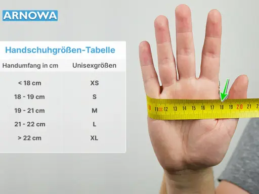 Handumfang messen für Handschuhe: Ein Maßband zeigt den Umfang einer Hand, daneben eine Tabelle mit Größen.