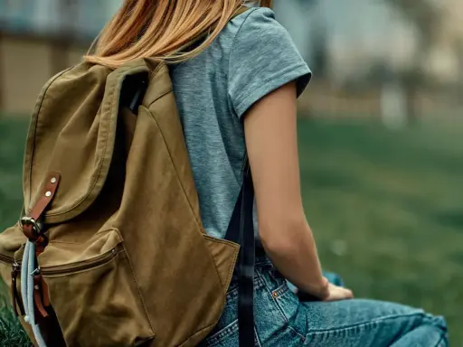 Mädchen mit braunem Rucksack sitzt im Gras. Der Rucksack ist bereit für das Waschen, um ihn wieder frisch zu machen.