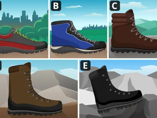 Fünf verschiedene bergschuhe kategorien: leichte Wanderschuhe, Zustiegsschuhe, Bergstiefel und Hochgebirgsschuhe.
