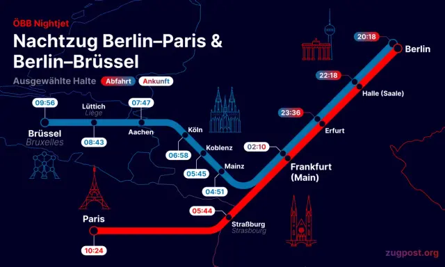 Nachtzug Berlin-Paris & Berlin-Brüssel. Die Karte zeigt die Routen und Abfahrtszeiten des ÖBB Nightjet, ein beliebtes nj train germany.
