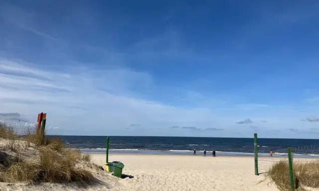 Ein sonniger Tag am Strand von Misdroy, Polen. Menschen spazieren am Meer entlang, während sich im Vordergrund Dünen und Strandgras erstrecken.