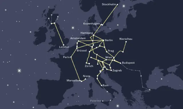 Karte zeigt Nachtzugverbindungen in Europa. Von Paris über Marseille und Nizza bis nach Rom und Palermo.