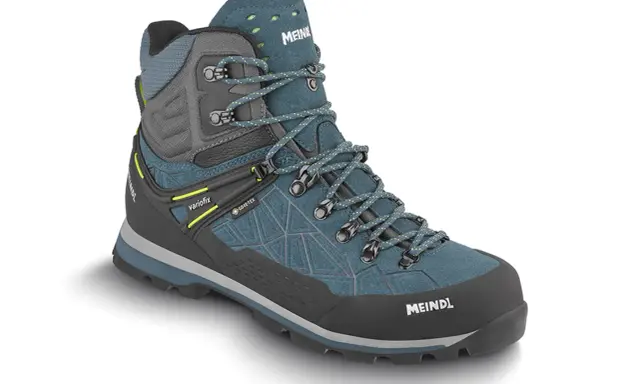 Meindl Lite Hike GTX Test: Ein robuster, wasserdichter Wanderschuh in Petrol und Grau mit Schnürung und Gore-Tex.