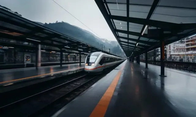 Schnellzug auf einer nassen Plattform, bereit für die Fahrt von **ave Madrid Barcelona**.