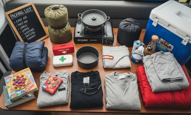 Packliste Zelten: Schlafsäcke, Kocher, Kühltruhe, Kleidung, Erste Hilfe und Spiele für ein Abenteuer.