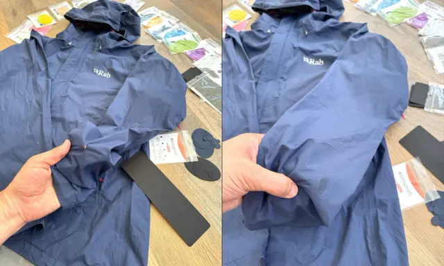Blaue Regenjacke reparieren: Ein Loch im Ärmel wird mit einem Reparaturflicken ausgebessert. Zubehör für die Regenjacke liegt bereit.