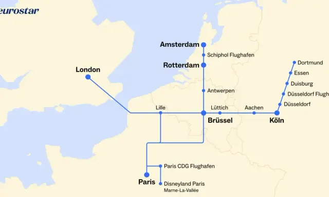 Eurostar-Streckenkarte: London, Paris, Brüssel, Amsterdam, Rotterdam und Ziele in Deutschland wie Köln, Düsseldorf und Dortmund.