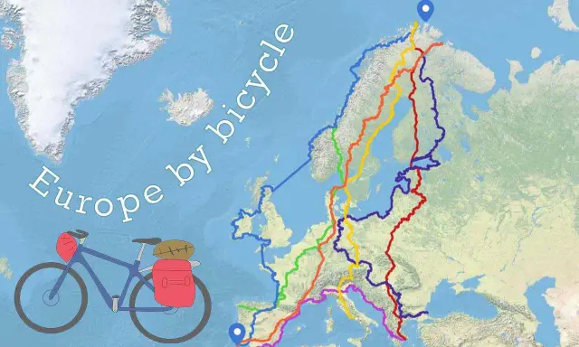 Fahrradtour durch Europa: Bunte Routen auf einer Karte zeigen die Vielfalt des Reisens per Rad.
