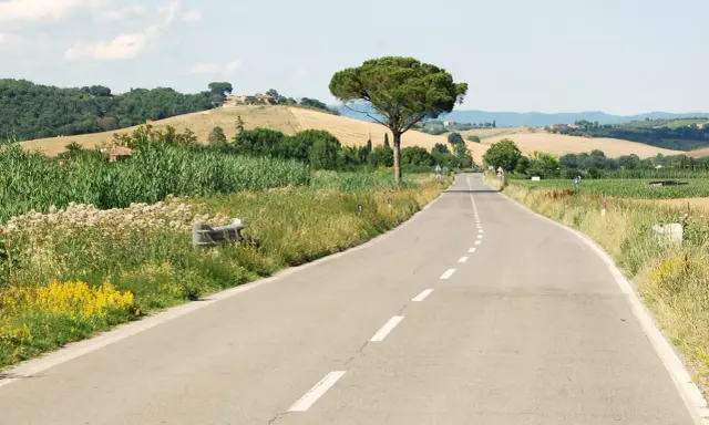 Eine Straße schlängelt sich durch die toskanische Landschaft. Perfekt, um die nächste **europa reise planen** und die Schönheit Italiens zu entdecken.