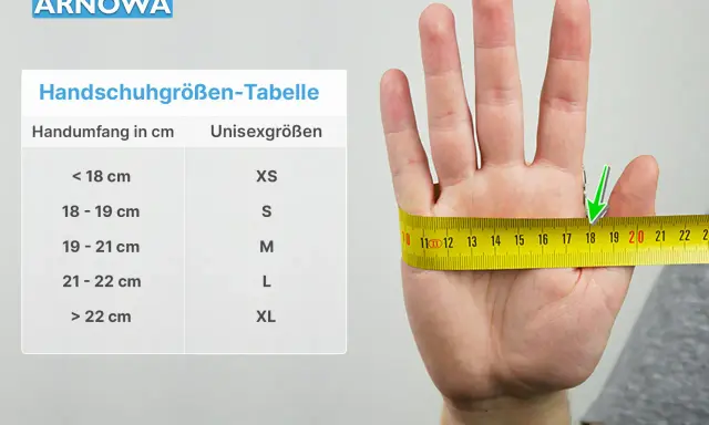 Handumfang messen für Handschuhe: Ein Maßband zeigt den Umfang einer Hand, daneben eine Tabelle mit Größen.
