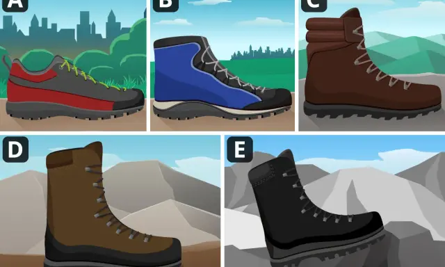 Fünf verschiedene bergschuhe kategorien: leichte Wanderschuhe, Zustiegsschuhe, Bergstiefel und Hochgebirgsschuhe.
