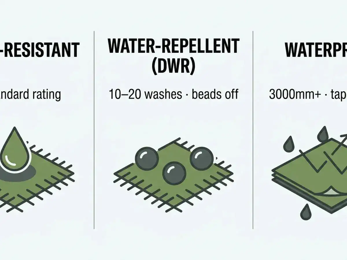 Vergleich: wasserdicht vs. wasserfest. Links: Tropfen sickert ein. Mitte: Tropfen perlt ab (wasserabweisend). Rechts: Mehrere Schichten, Tropfen perlt ab (wasserdicht).