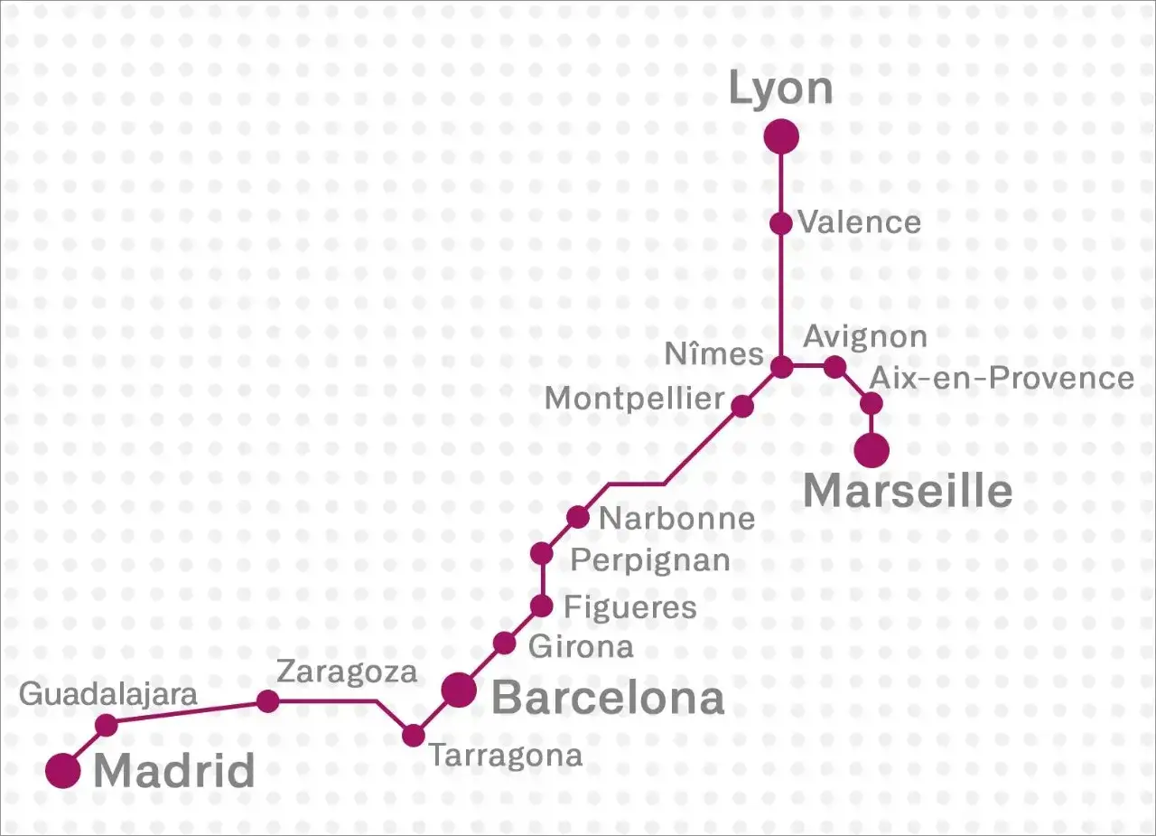 Karte zeigt eine AVE Zug-Linie von Madrid &uuml;ber Zaragoza und Barcelona nach Lyon und Marseille.