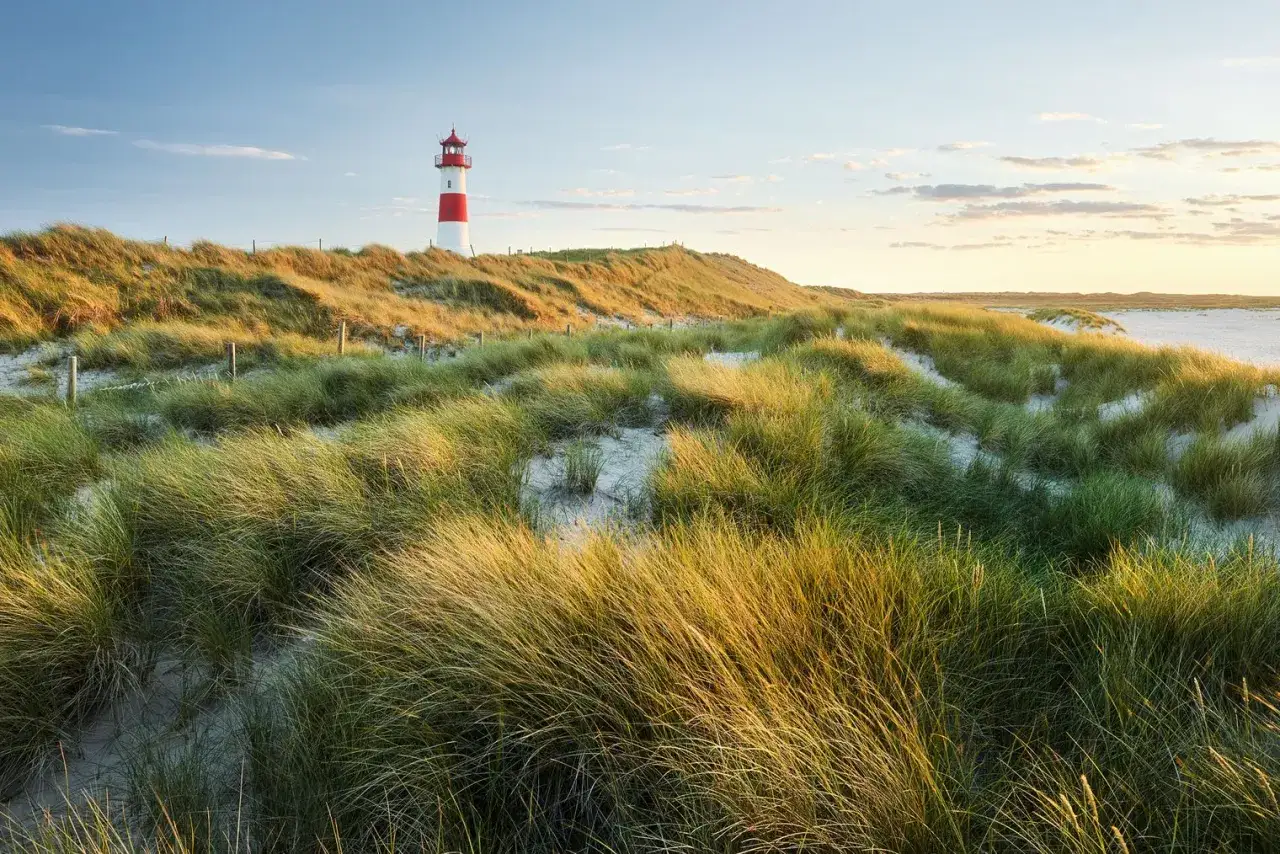Leuchtturm auf einer Düne mit Strandhafer, typisch für die Nordseeinseln.