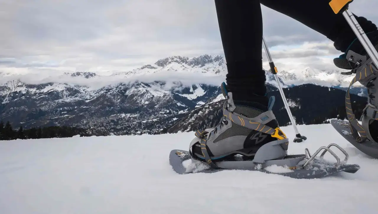 Schneeschuhwandern Schuhe mit St&ouml;cken im Schnee, Blick auf verschneite Berge.