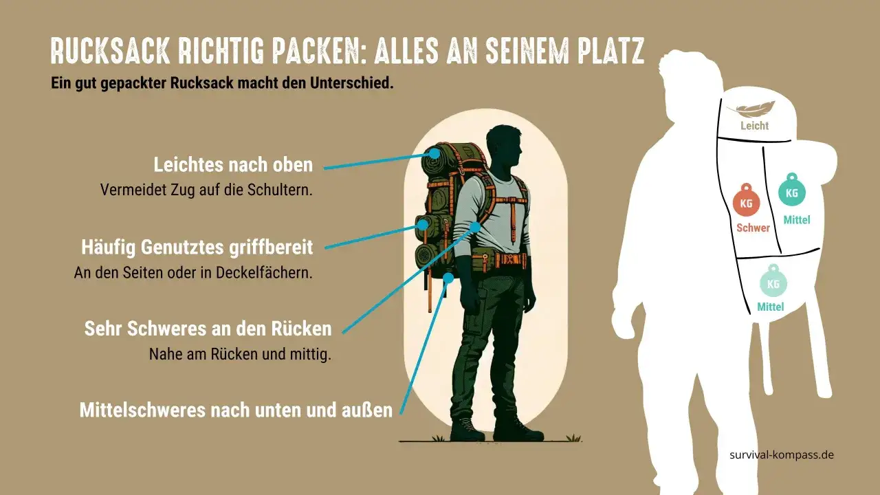 Richtig rucksack packen: Leichtes oben, schweres nah am R&uuml;cken. H&auml;ufig genutztes griffbereit. So wird die Tour zum Genuss.