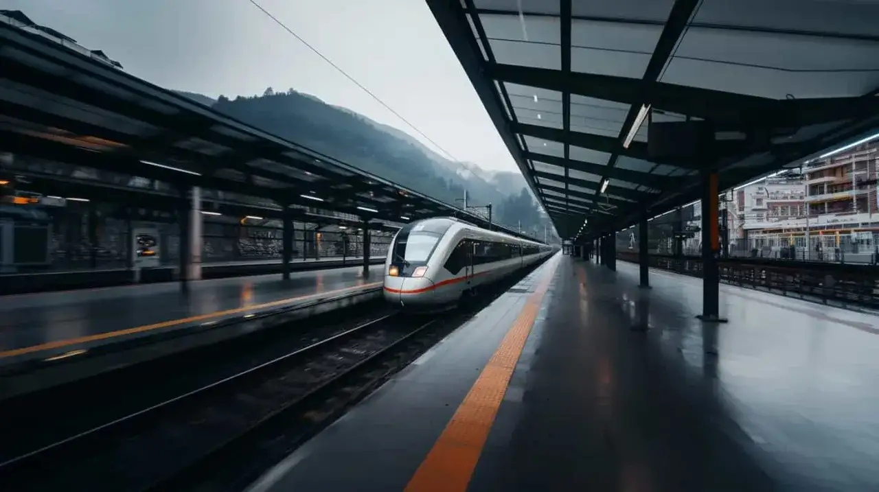 Schnellzug auf einer nassen Plattform, bereit f&uuml;r die Fahrt von ave Madrid Barcelona.