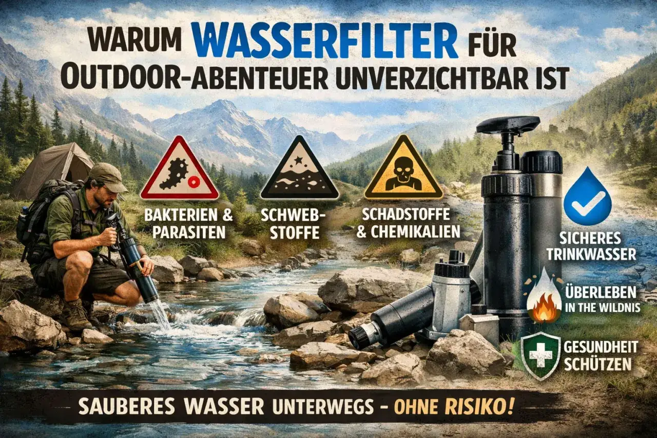Mann nutzt Wasseraufbereitung outdoor, um sauberes Trinkwasser aus Fluss zu filtern. Warnsymbole zeigen Gefahren wie Bakterien, Schwebstoffe und Chemikalien.