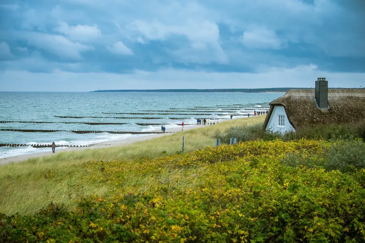 Strand mit Buhnen und Reetdachhaus in Mecklenburg-Vorpommern. Hier könnte man sich fast wie beim wildcampen fühlen.