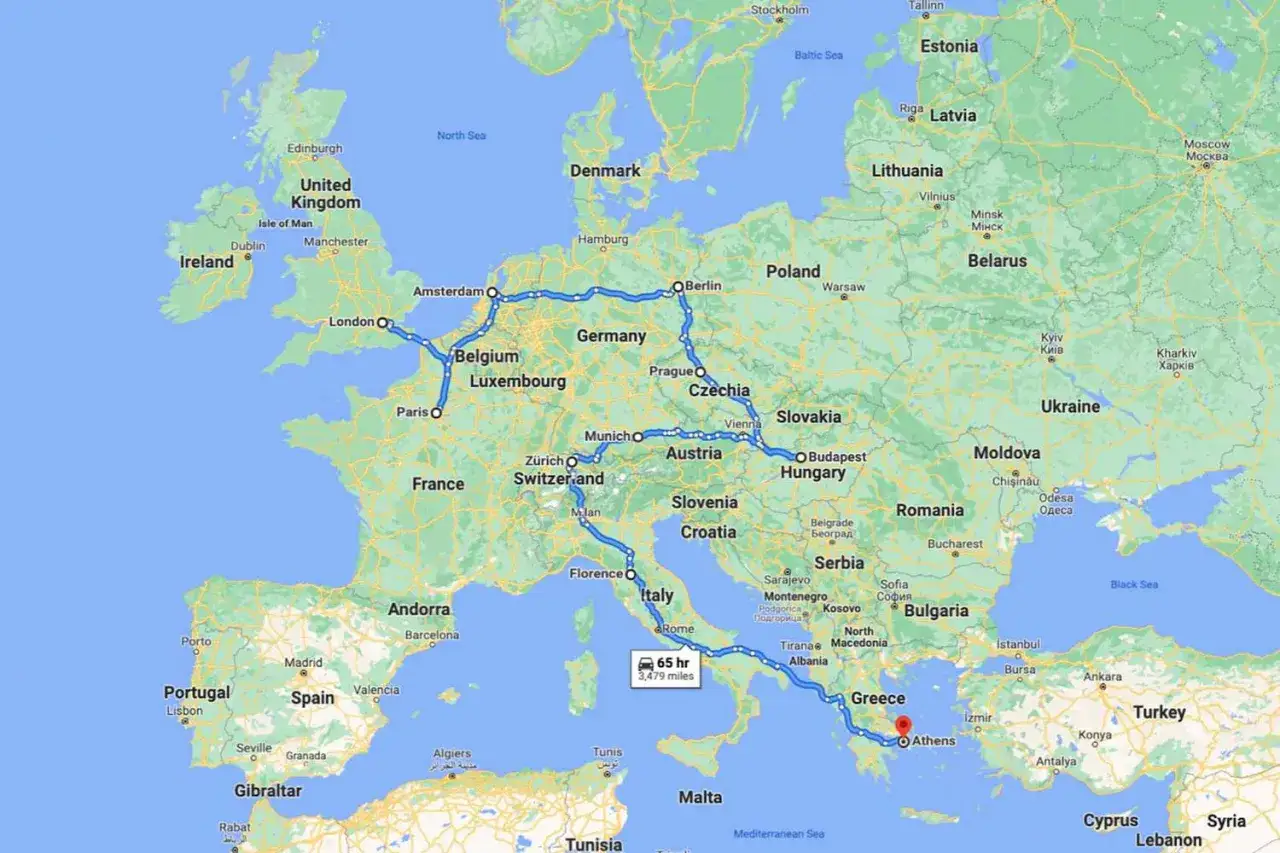 Eine detaillierte Routenplanung f&uuml;r eine Europa Reise, die von Irland &uuml;ber Gro&szlig;britannien, Frankreich, Deutschland, &Ouml;sterreich, Italien bis nach Griechenland f&uuml;hrt.