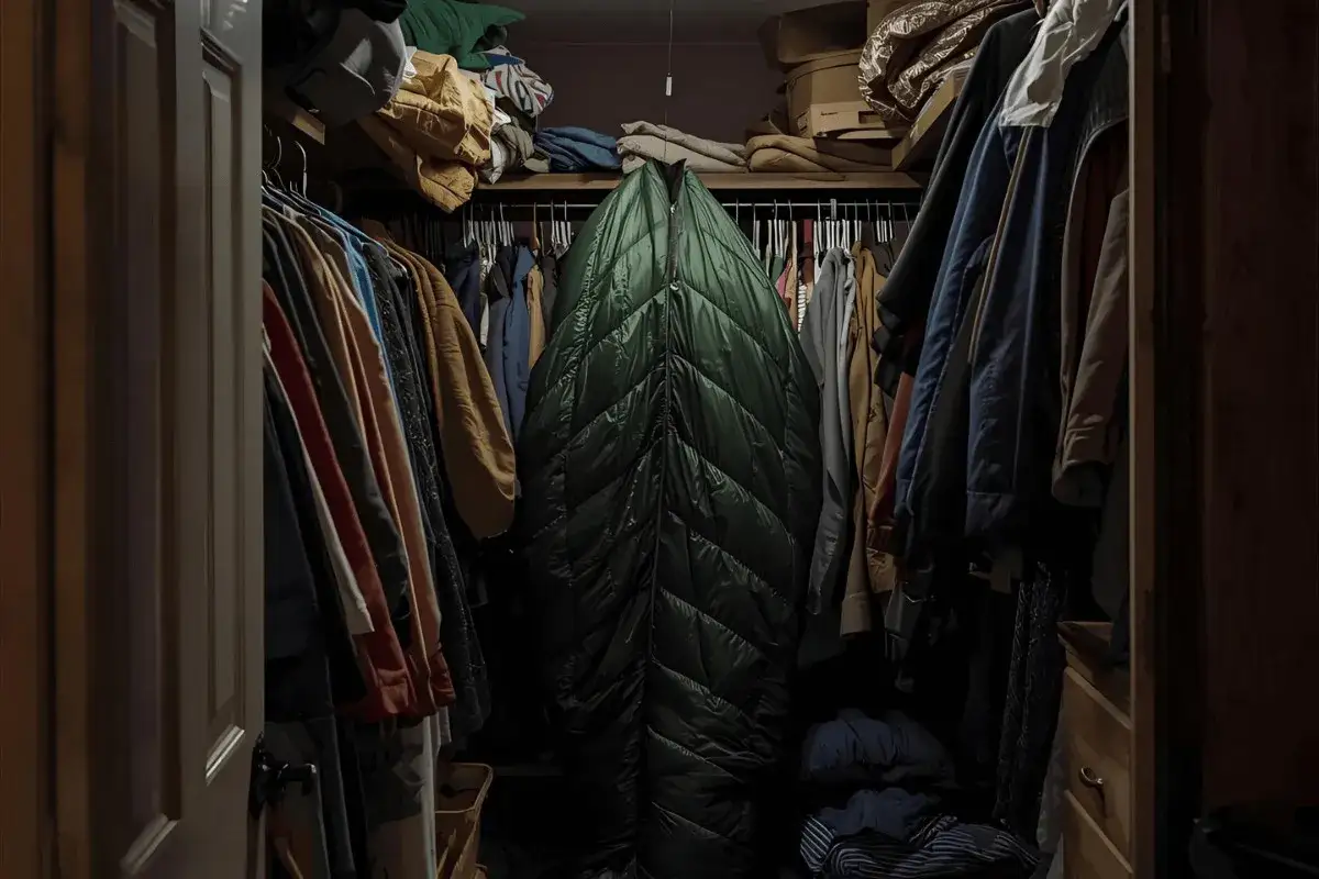 Ein grüner Schlafsack hängt im Kleiderschrank, bereit für das nächste Abenteuer. Daneben Kleidung und Kisten, die zum Schlafsack lagern.