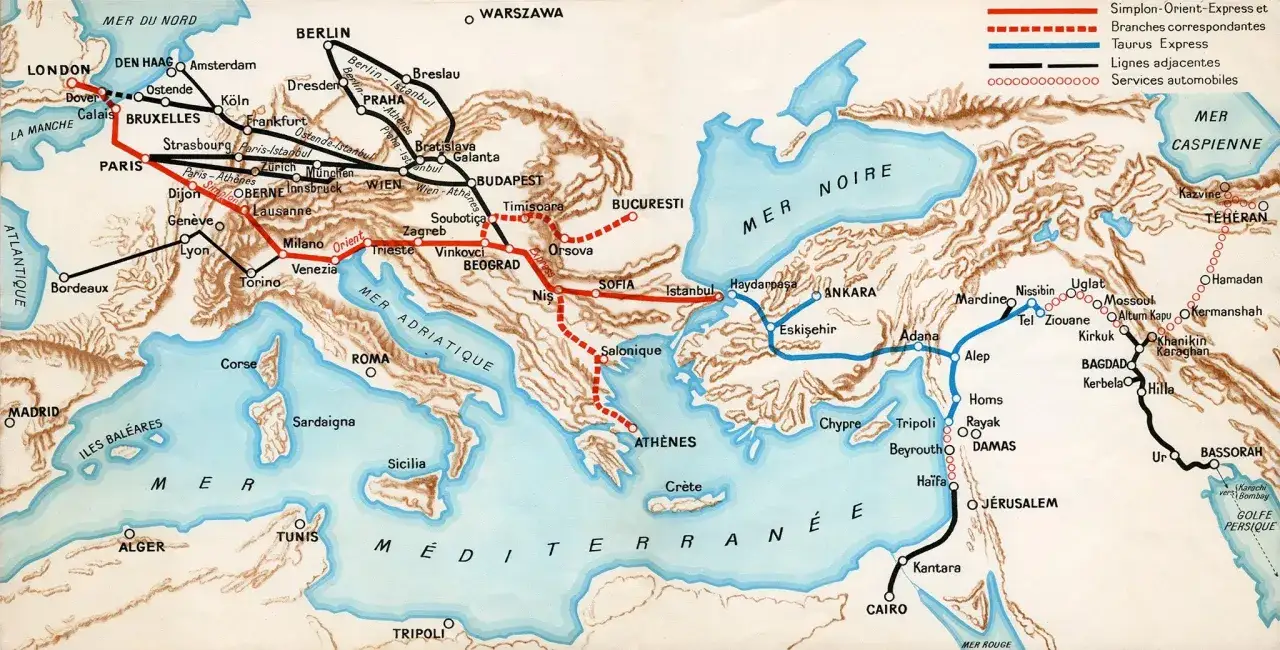 Die Karte zeigt die Routen des Istanbul Express und anderer Züge durch Europa und den Nahen Osten.