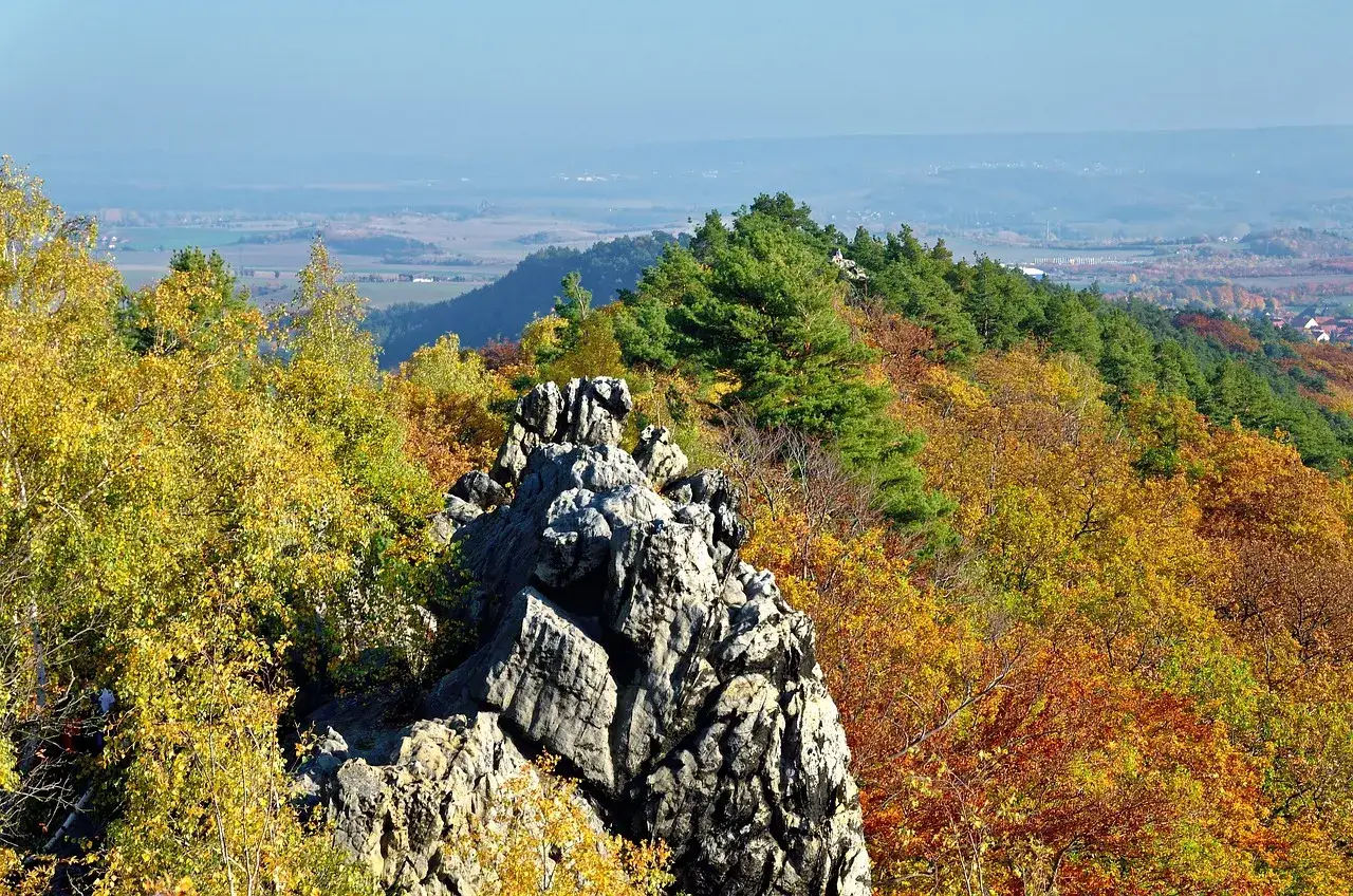 Felsformation im bunten Herbstwald des Harzes. Ein Harz wandern Geheimtipp mit toller Aussicht.