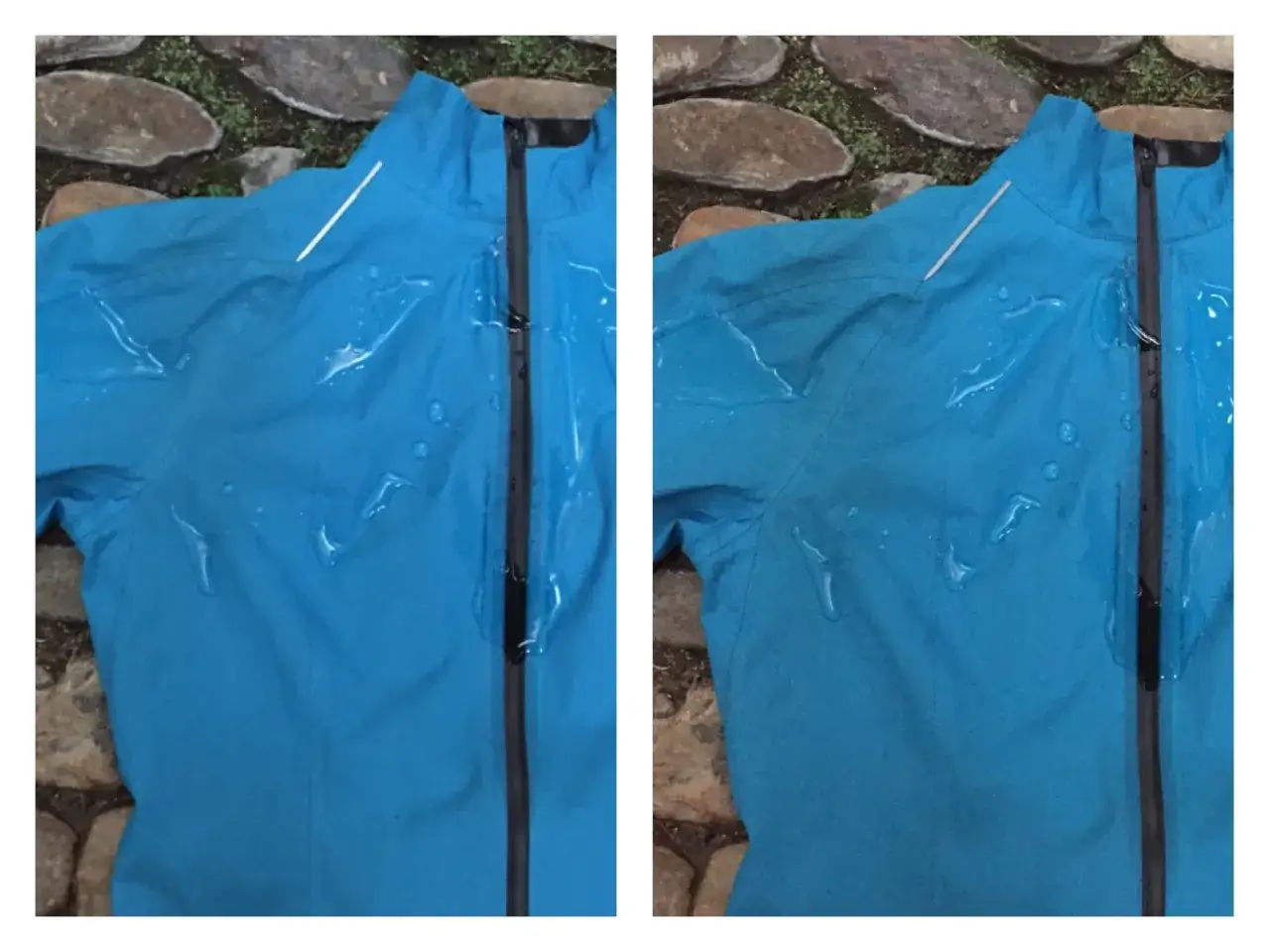 Zwei Ansichten einer blauen Jacke mit Wassertropfen. Die Jacke zeigt, wie gut sie nach dem Waschen Wasser abweist.