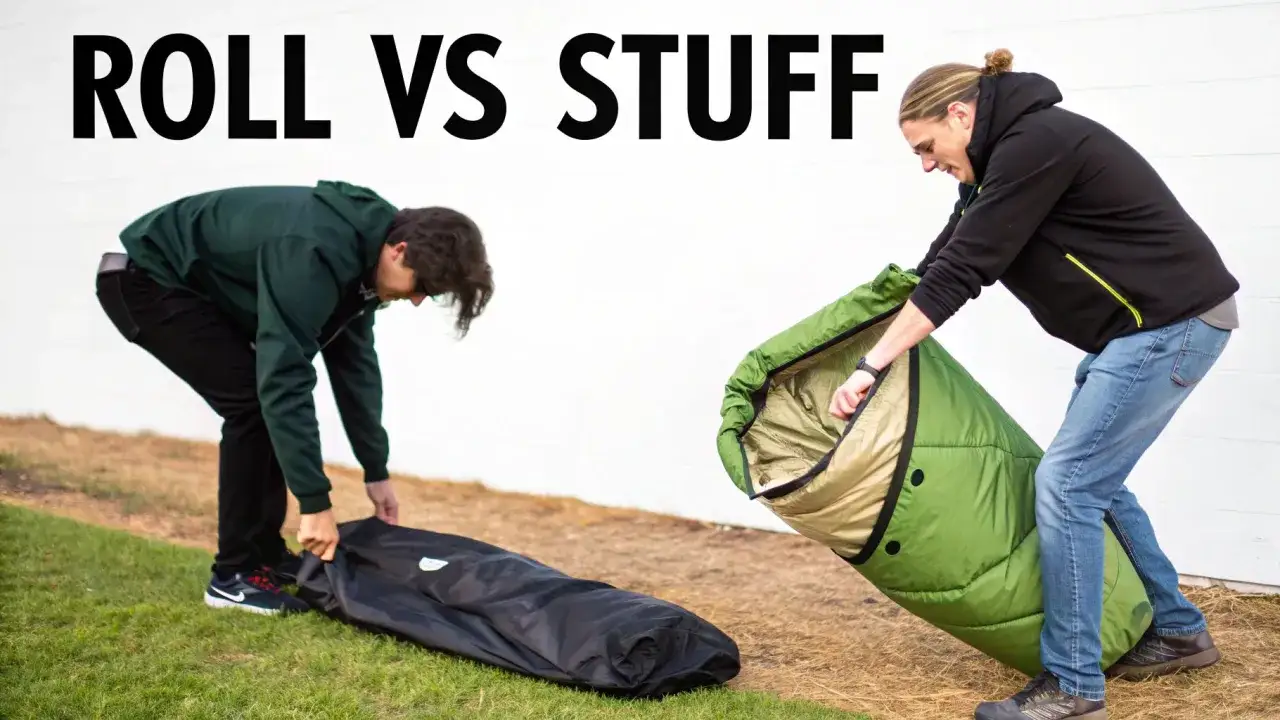 Zwei Männer zeigen, wie man einen Schlafsack rollt oder stopft. Einer rollt ihn in einen schwarzen Sack, der andere stopft seinen grünen Schlafsack.