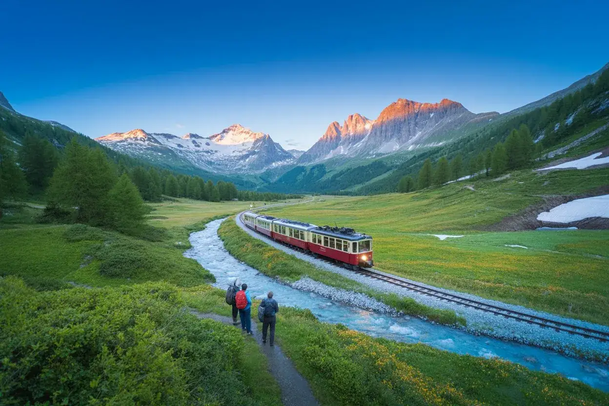 Drei Wanderer folgen einem Fluss, während ein Zug durch eine malerische Alpenlandschaft fährt. Ein perfektes Bild für reisen durch Europa.