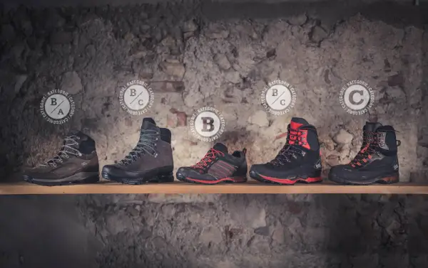 Fünf Wanderschuhe verschiedener Kategorien, darunter Kategorie B, stehen auf einem Regal vor einer Steinwand.