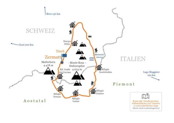Karte der Spaghetti-Tour: Wanderroute um Zermatt, Matterhorn & Monte Rosa mit Hütten, Stauseen & italienischen Rifugios.