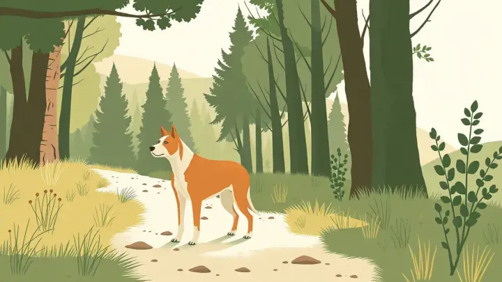 Ein Hund genießt das Wandern mit Hund im Wald. Der Weg führt durch grüne Bäume und sonnige Wiesen.