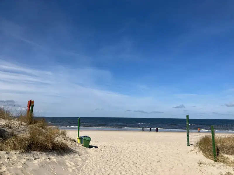 Ein sonniger Tag am Strand von Misdroy, Polen. Menschen spazieren am Meer entlang, während sich im Vordergrund Dünen und Strandgras erstrecken.