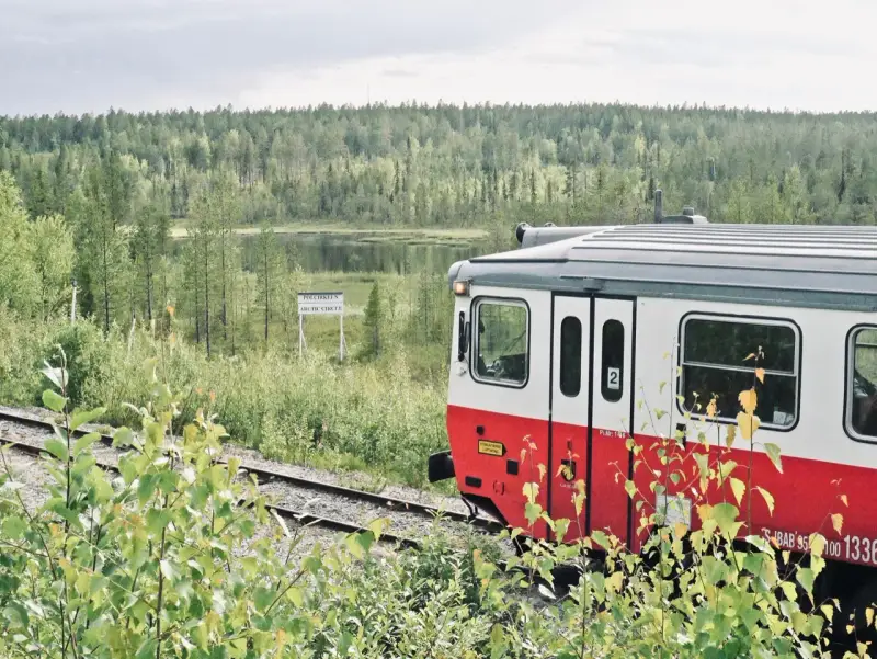 Roter und weißer schwedischer Zug fährt durch eine üppige Landschaft mit einem Schild "Arctic Circle".