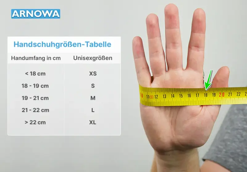 Handumfang messen für Handschuhe: Ein Maßband zeigt den Umfang einer Hand, daneben eine Tabelle mit Größen.